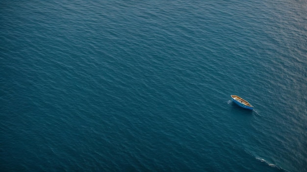 Een kleine lege boot in de luchtfoto van de zee