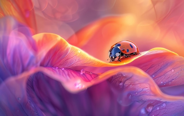 Een kleine lieveheersbeestje zit bovenop de levendige vurige bloemblaadjes van een opvallende bloem en creëert een opvallend en boeiend natuurscène