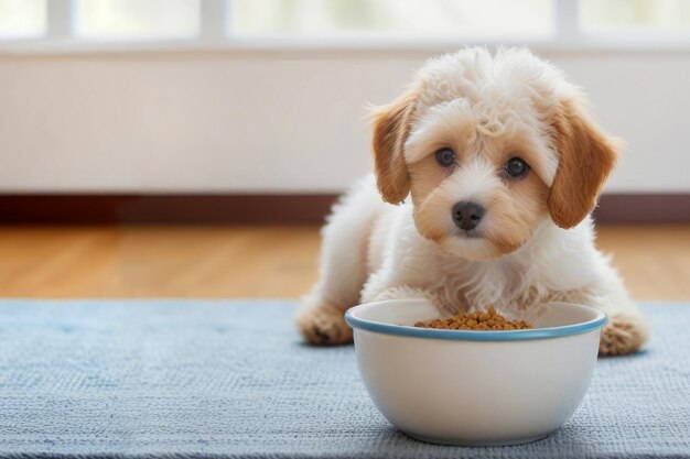 Een kleine maltipoo puppy bij een kom met voedsel Pet kopie ruimte