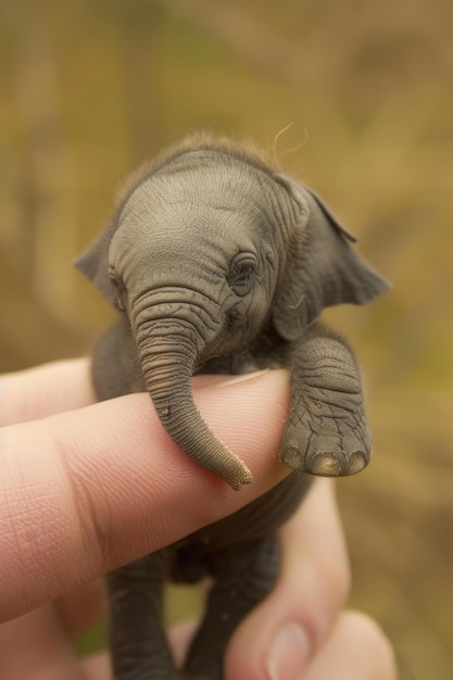 Een kleine olifant zit op een vinger van een man.