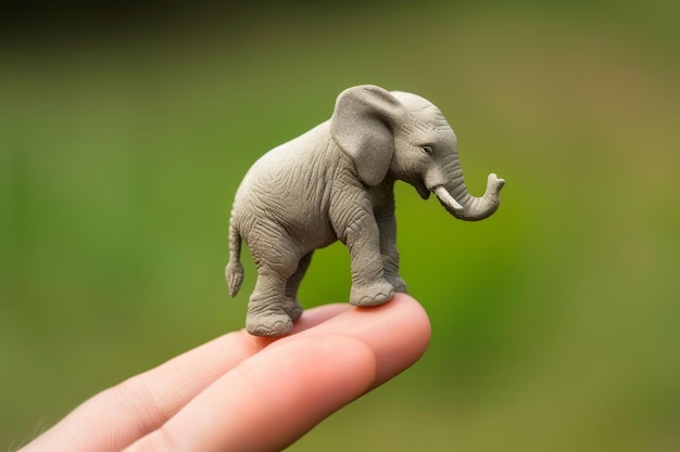 Een kleine olifant zit op een vinger van een man.