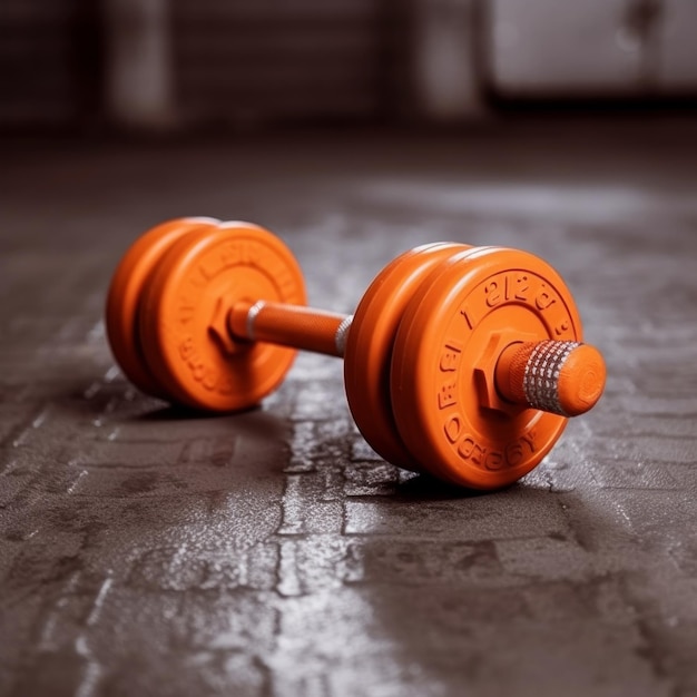 een kleine oranje halter ligt op de grond in de sportschool Generative AI