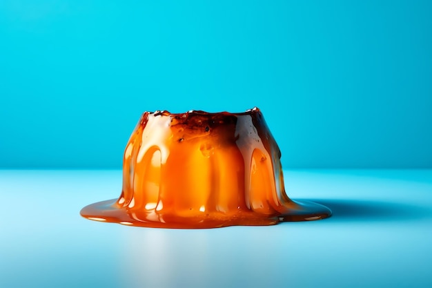 Een kleine oranje jelly pudding met een blauwe achtergrond