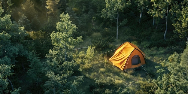 Een kleine oranje tent is opgezet in een bos.