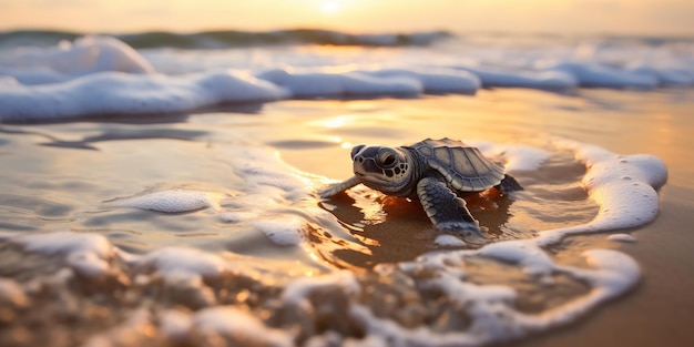 Een kleine pasgeboren schildpad kruipt langs het zand naar de zee.