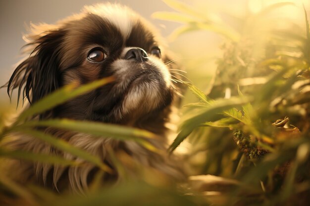 Foto een kleine pekingese in een marihuana blad op de achtergrond van de lucht