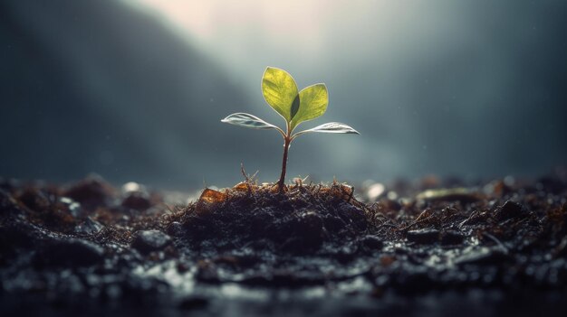 een kleine plant die groeit in een donker bos