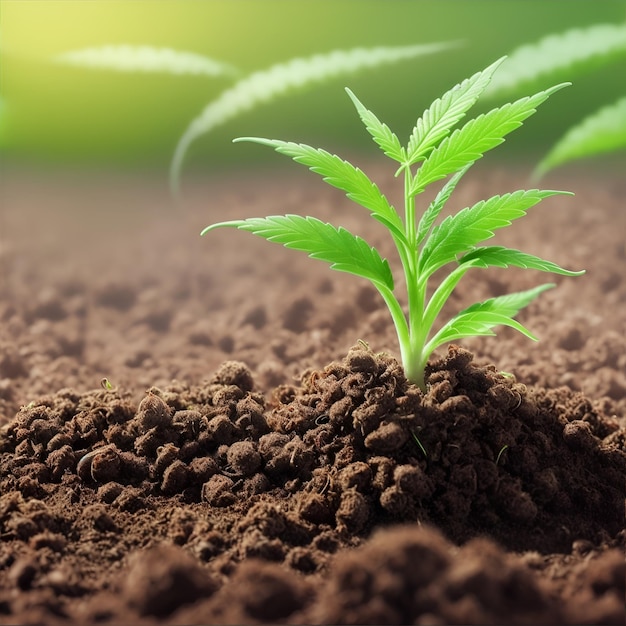 Een kleine plant die in de grond groeit met de zon erachter