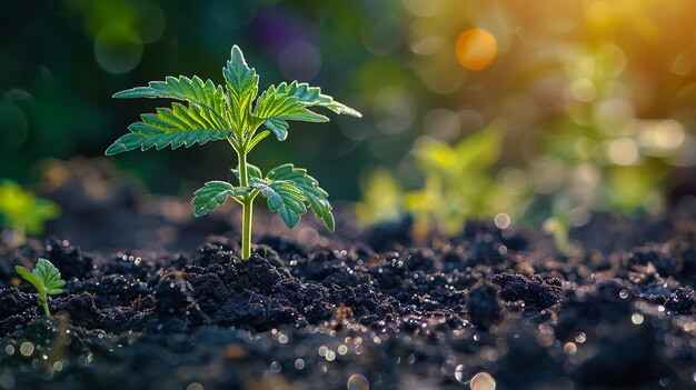 een kleine plant die in een bodem groeit met de zon die door de bladeren schijnt