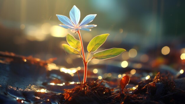 Foto een kleine plant die in het zonlicht uit de grond groeit