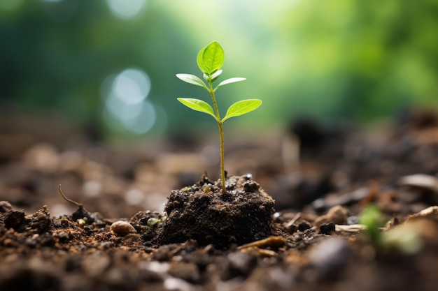 een kleine plant die uit de grond in het vuil ontspruit