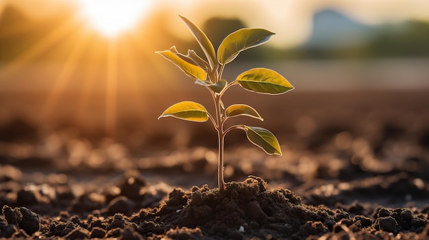 een kleine plant groeit in een veld met de zon erachter