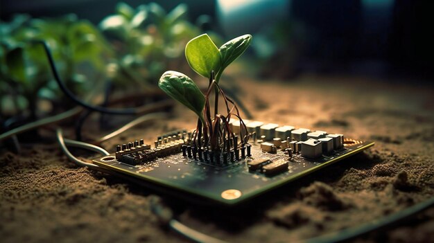 Een kleine plant groeit in vuil op een elektronische printplaat