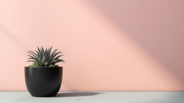 Een kleine plant in een zwarte pot op een betonnen ondergrond