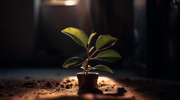 Een kleine plant in het donker