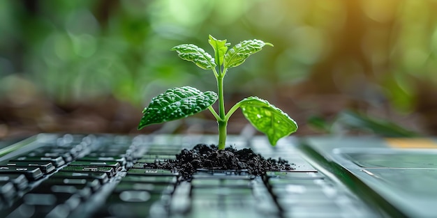 een kleine plant met groene bladeren groeit uit een glas