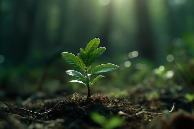 Een kleine plant midden in een bos