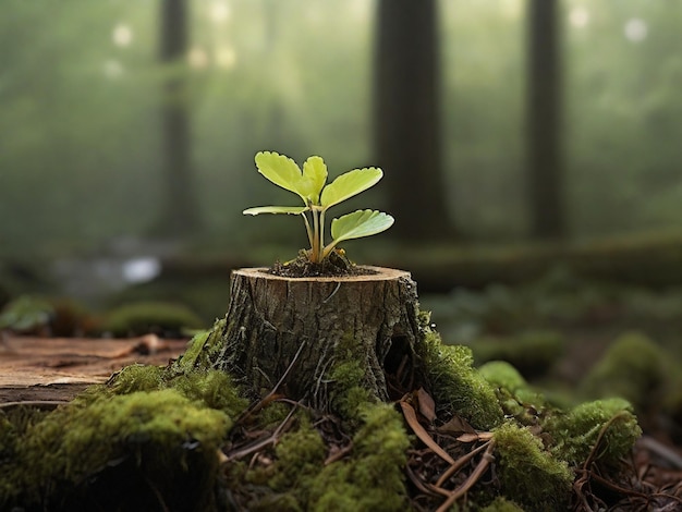 Een kleine plant spruit uit een boomstomp in een bos