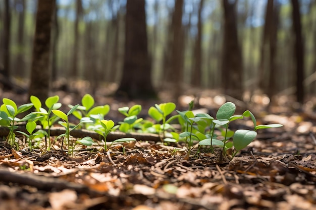 Een kleine plant spruit uit een boomstomp in een bos