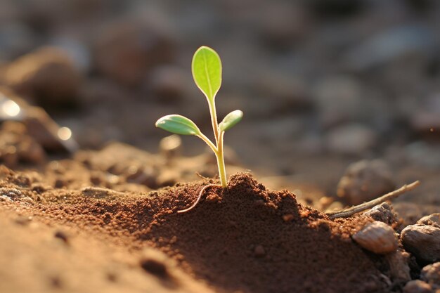 Een kleine plant spruit uit een heuvel van zand ar c