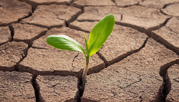 Een kleine plant worstelt om te groeien in gebroken droge aarde die hoop en veerkracht symboliseert