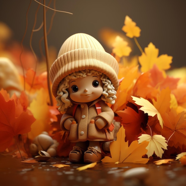 een kleine pop met hoed en jas, zittend op een stapel herfstbladeren