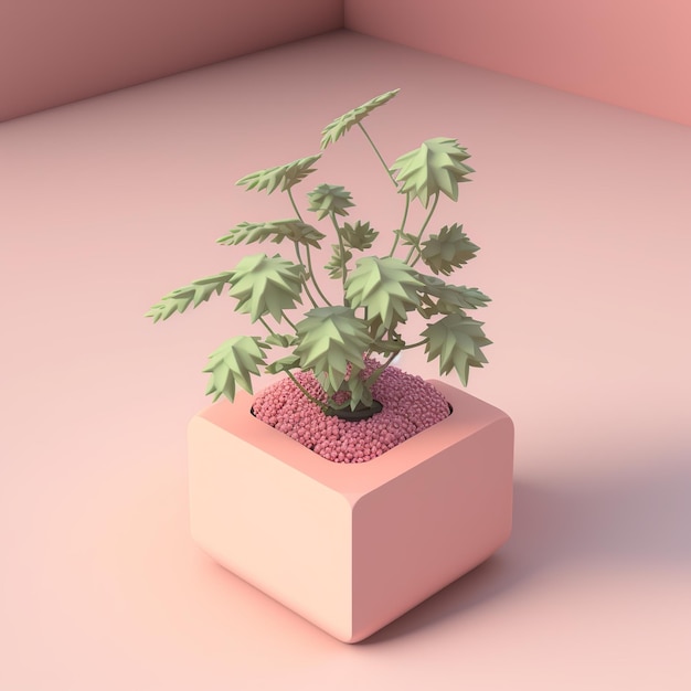 Een kleine potplant op een roze oppervlak 3D render Generatieve AI-illustraties