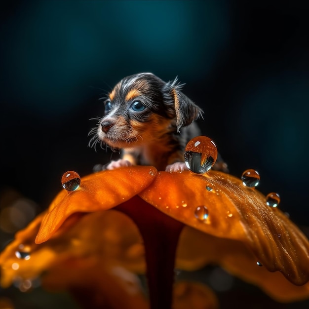 Een kleine puppy die balanceert op het puntje van een feloranje bloem