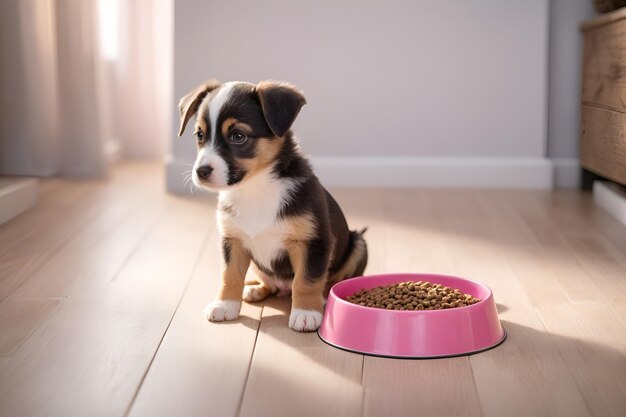 Een kleine puppy kijkt bedachtzaam naar een roze schaal gevuld met hondenvoer houten vloer