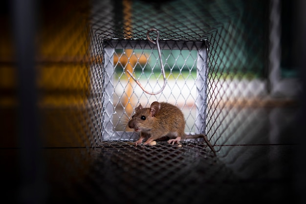 Een kleine rat gevangen in muizenval