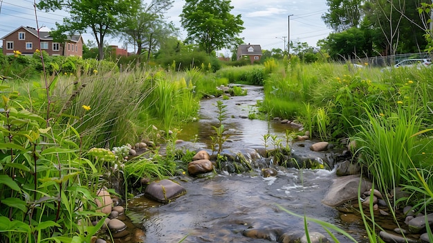 Een kleine rivier stroomt door een groen veld.