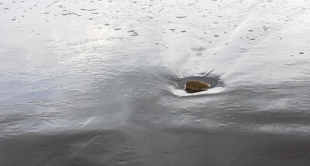 Een kleine rots op een zandland in het zeestrand