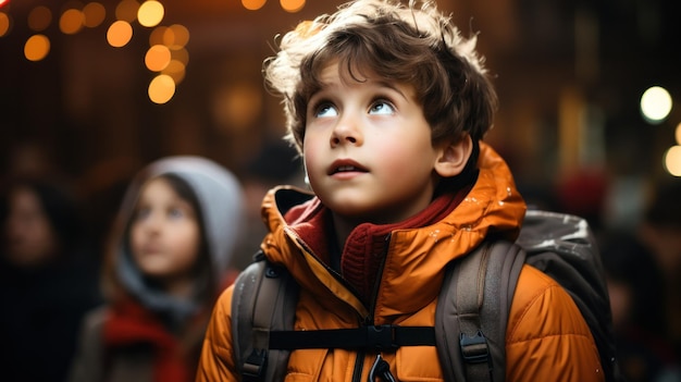 Een kleine rugzak van een jongen die licht scheef hangt en met een mix van verwachting en nerveusheid naar de school kijkt