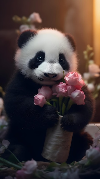 Een kleine schattige panda met bloem