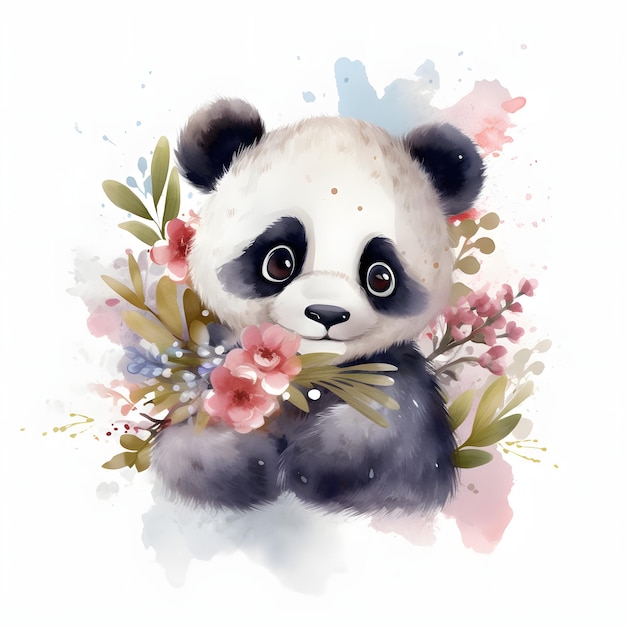 Een kleine schattige panda met een bloem