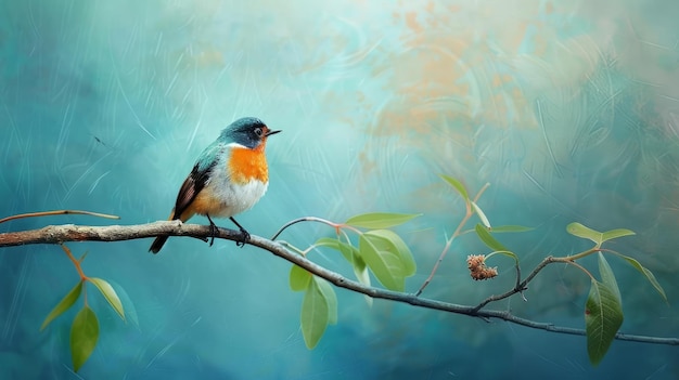 Een kleine schattige vogel zit op een tak met een prachtige blauwe natuurlijke achtergrond