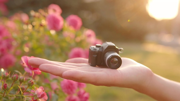 Een kleine speelgoedcamera in de palm van een meisje tegen de achtergrond van een zonsondergang en bloemen op straat