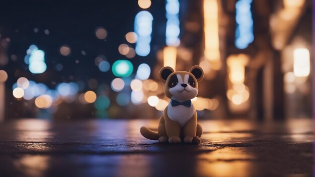 een kleine speelgoedhond zit op een trottoir voor een onscherpe achtergrond.