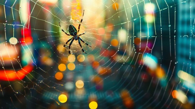 Foto een kleine spin die zijn web spint voor een muurschildering van een bruisend stadsbeeld dat de veerkracht toont
