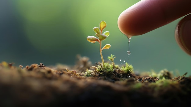 Een kleine spruit die op het puntje van de vinger zit macro shot miniature core natuurlijke verschijnselen