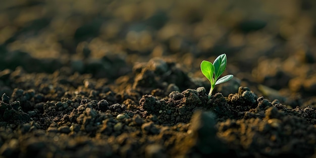 Een kleine spruit die uit rijke bodem ontspringt en groei symboliseert, nieuw begin en milieubewustzijn Concept Tuinieren Nieuw begin Milieubewusstzijn Groei Natuur