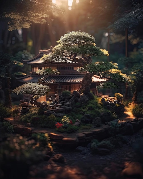 Een kleine tempel in een bos met een boom op de voorgrond