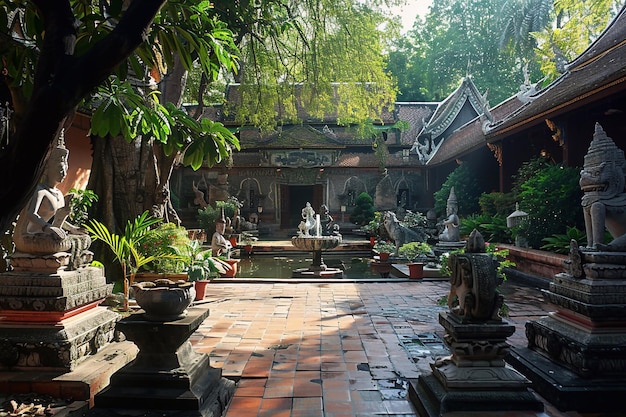 Foto een kleine tempel met een fontein in het midden.