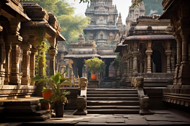 een kleine tempel met een pot met planten erop