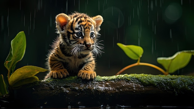 Een kleine tijger balancerend in de jungle