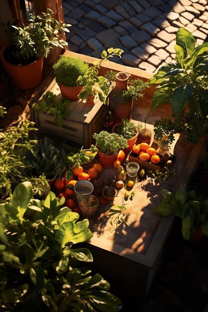 een kleine tuin met groenten en een doos tomaten