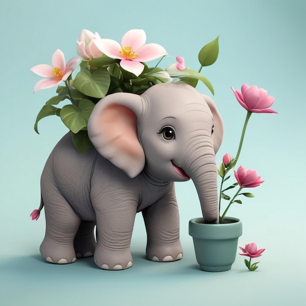 Foto een kleine tuinmanolifant die met zijn slurf een plant water geeft