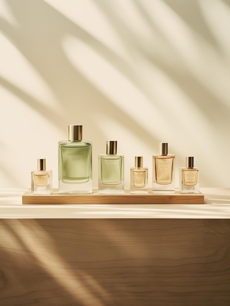 Een kleine verzameling parfums wordt op een houten tafel gepresenteerd