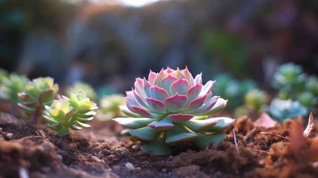 Een kleine vetplant met een roze en groene bladplant op de achtergrond.