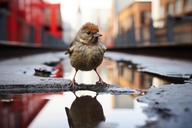 een kleine vogel die op een plas staat voor een gebouw